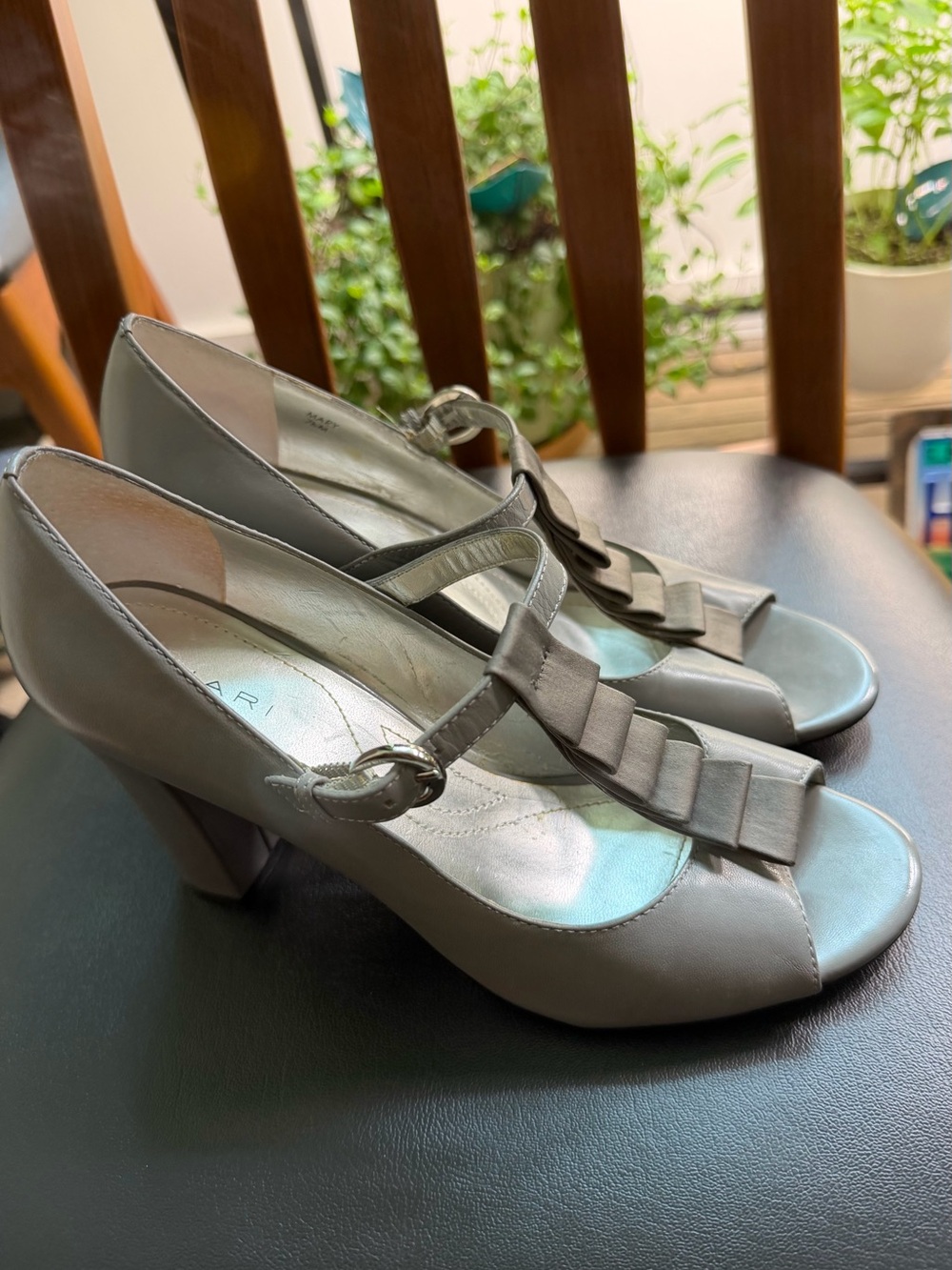 Tahari Gray Mary Peep-Toe T-Strap Heels with Ruffle Accent